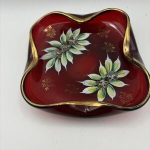 Vintage Hand Blown And Painted Red Trinket Dish